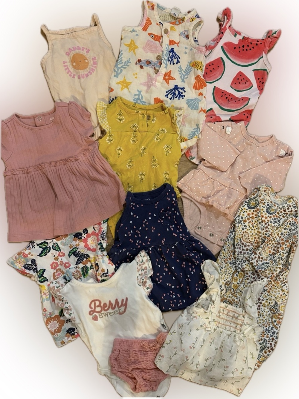 Baby Girls Mixed Summer Onesie & Dress Lot - Pink, Yellow, Navy, White, Floral